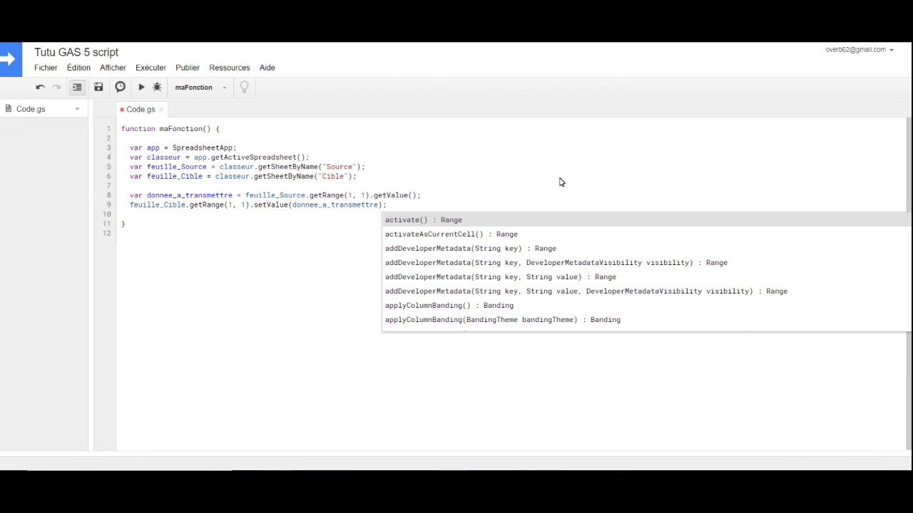 Tuto Google App Script n°5 : transfert d'une page Sheet à une autre et instruction Switch