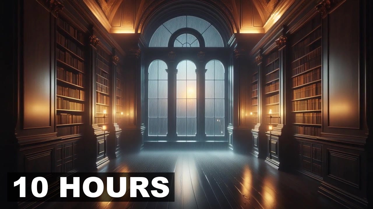 POV you're napping in an ancient library beneath a stained glass dome. - gentle rain Ambience