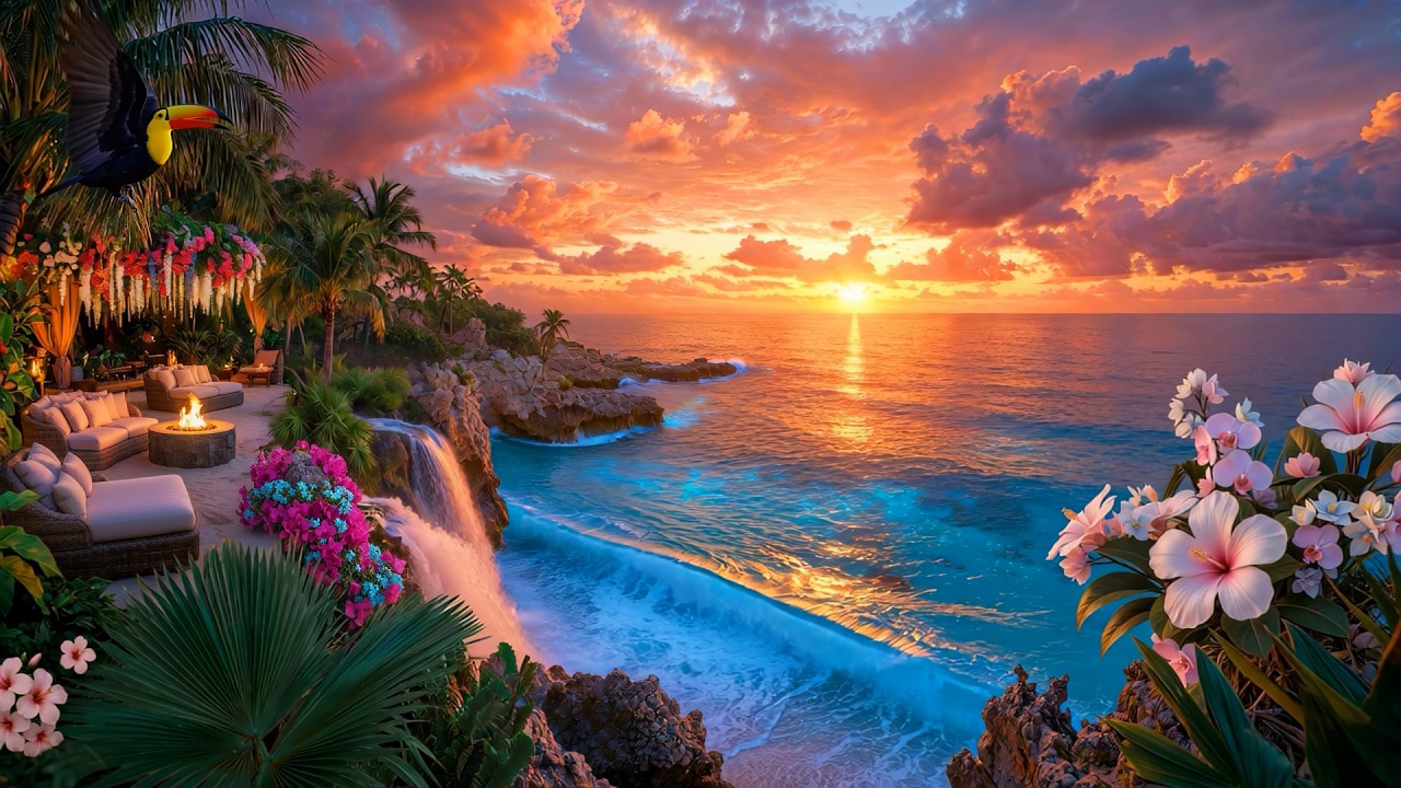 Tropical Deep House Ocean Vibes ~ Sunset Beach Chillout | Toucan Waterfall 🌊 Relaxing Ambient Sounds