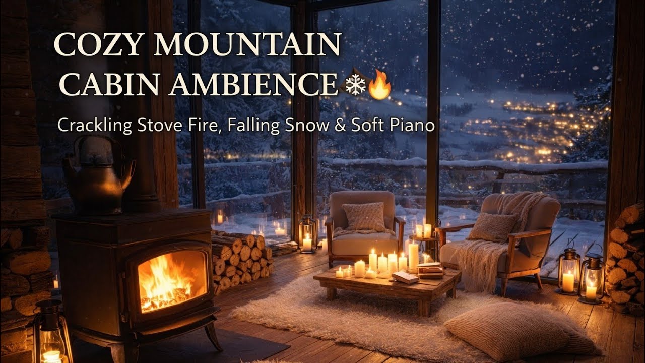 Cozy Mountain Cabin Ambience ❄️🔥 | Crackling Stove Fire, Falling Snow & Soft Piano