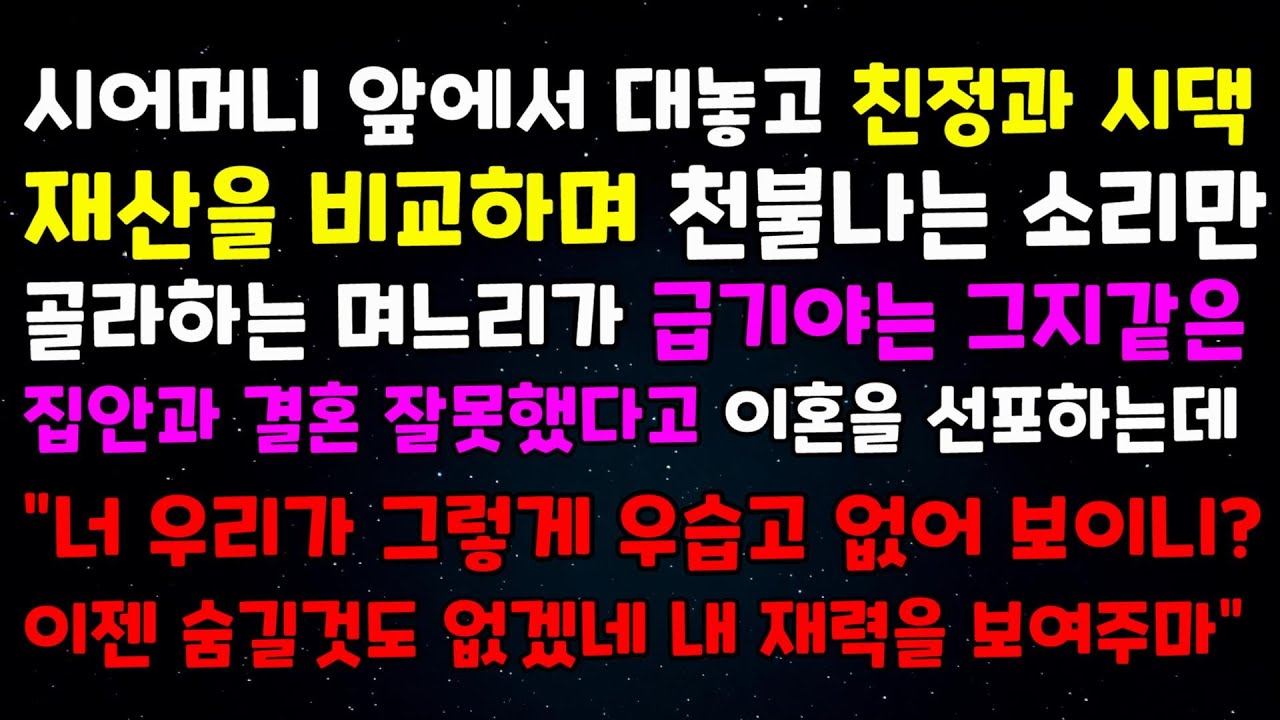 시어머니 앞에서 대놓고 친정과시댁재산을 비교하며 천불나는소리만 골라하는 며느리가 이혼을 선포하는데 