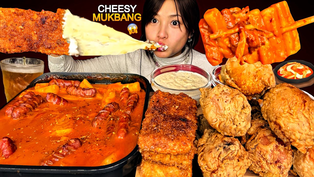 VIRAL HOT MOZZARELLA STICKS🔥😱CHEESY TTEOKBOKKI & CRISPY FRIED CHICKEN🍗 WITH BEER | REAL MUKBANG |