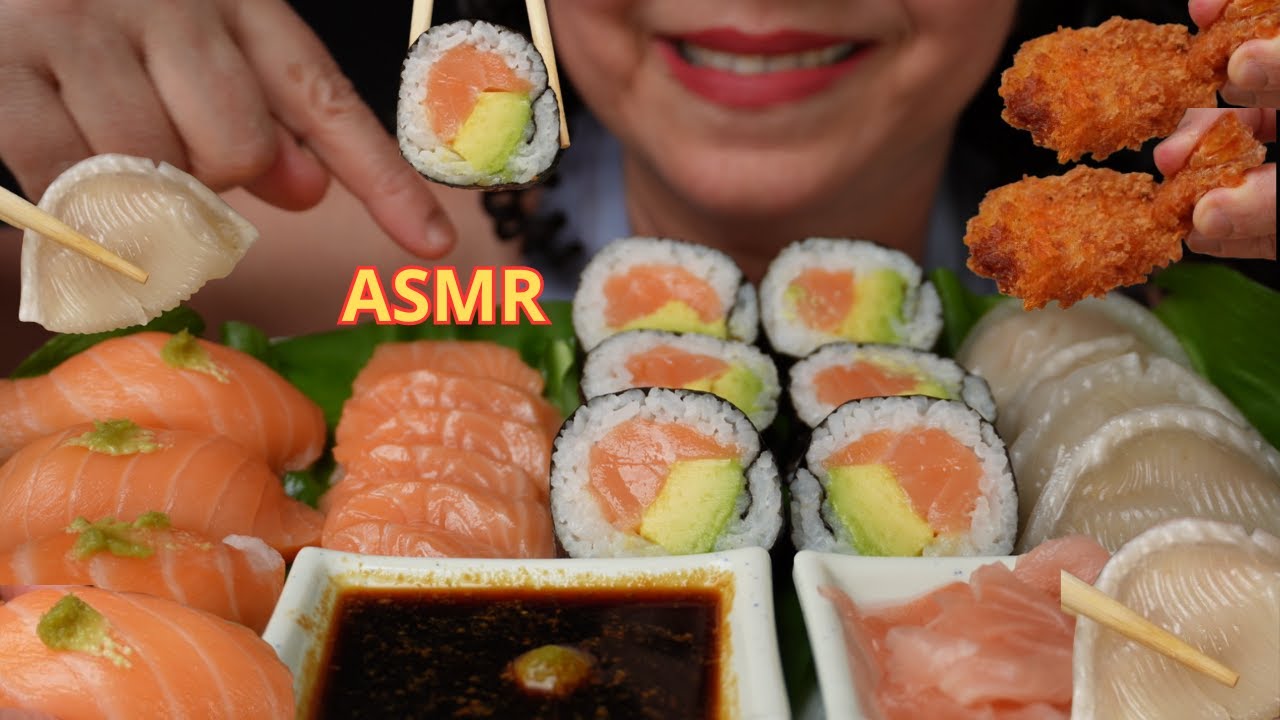 ASMR SALMON SUSHI🍣 | GYOZA🥟CRISPY FRIED SHRIMP🍤(EATING SOUNDS)😋Sica's-ASMR