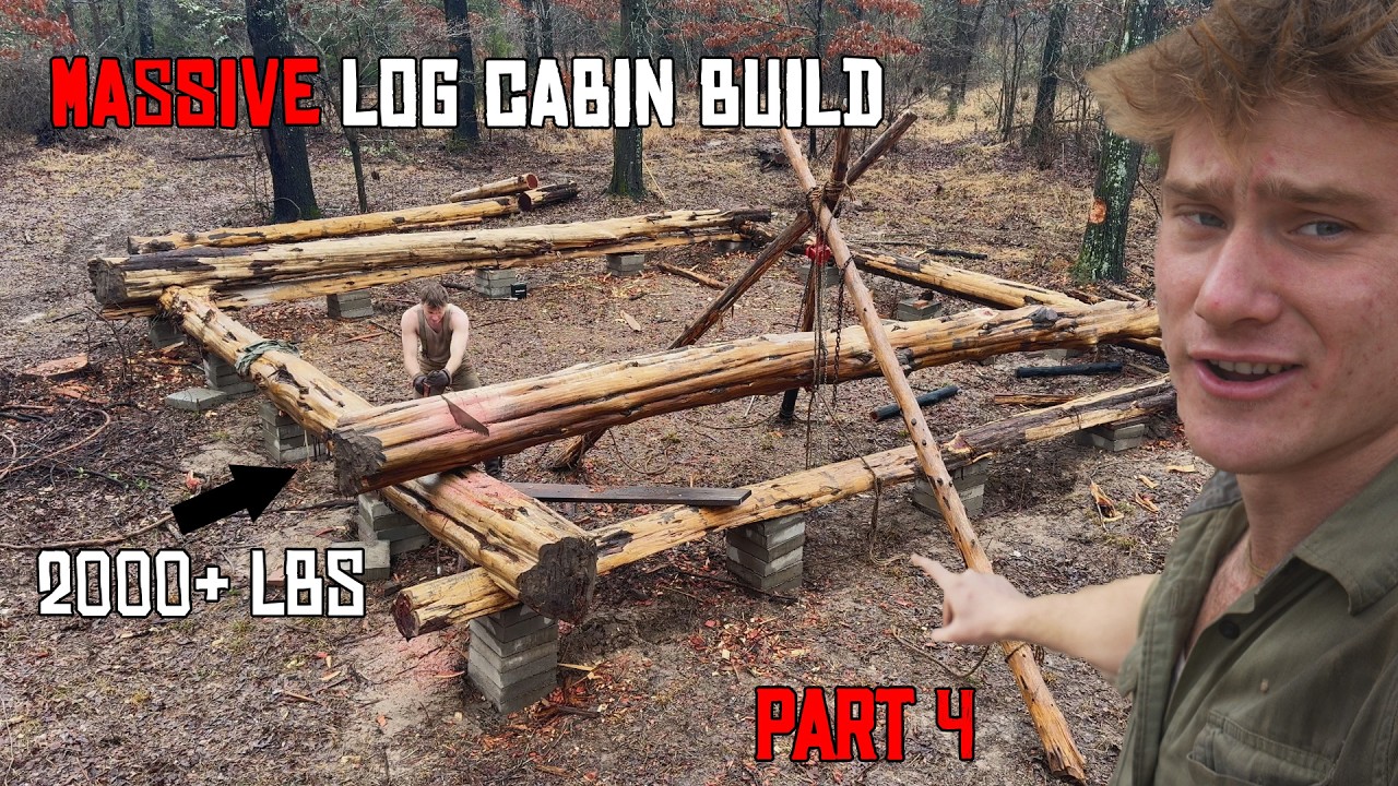 Buildin' MASSIVE Log Cabin by Hand Part 4! STACKING MORE HUGE LOGS!!!