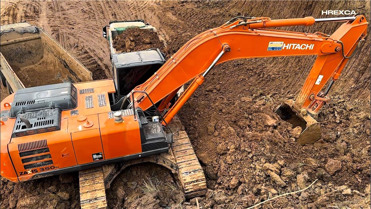 Extreme Mud Excavation! HITACHI ZAXIS 350 Powerful Bucket Digging Deep Lake Mud with Dump Trucks