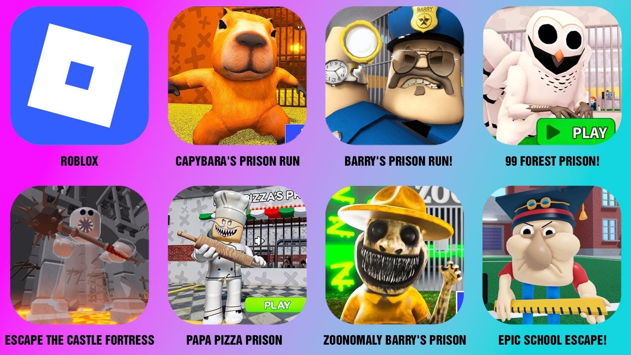 CAPYBARA'S PRISON RUN!, ESCAPE THE CASTLE FORTRESS, ZOONOMALY BARRY'S PRISON, PAPA PIZZA PRISON.....