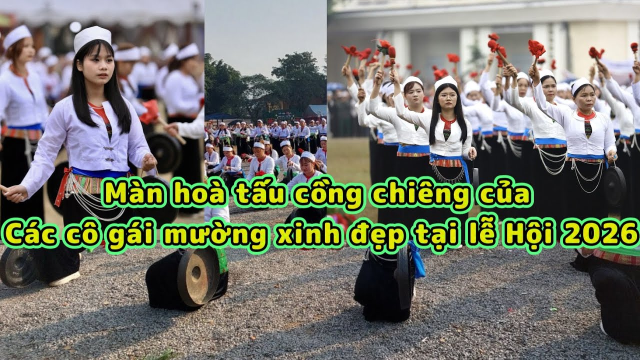 Màn hoà tấu cồng chiêng của các cô gái Mường Xinh đẹp tại đền Khụ Chẹ Tân Lạc Phú Thọ 2026 