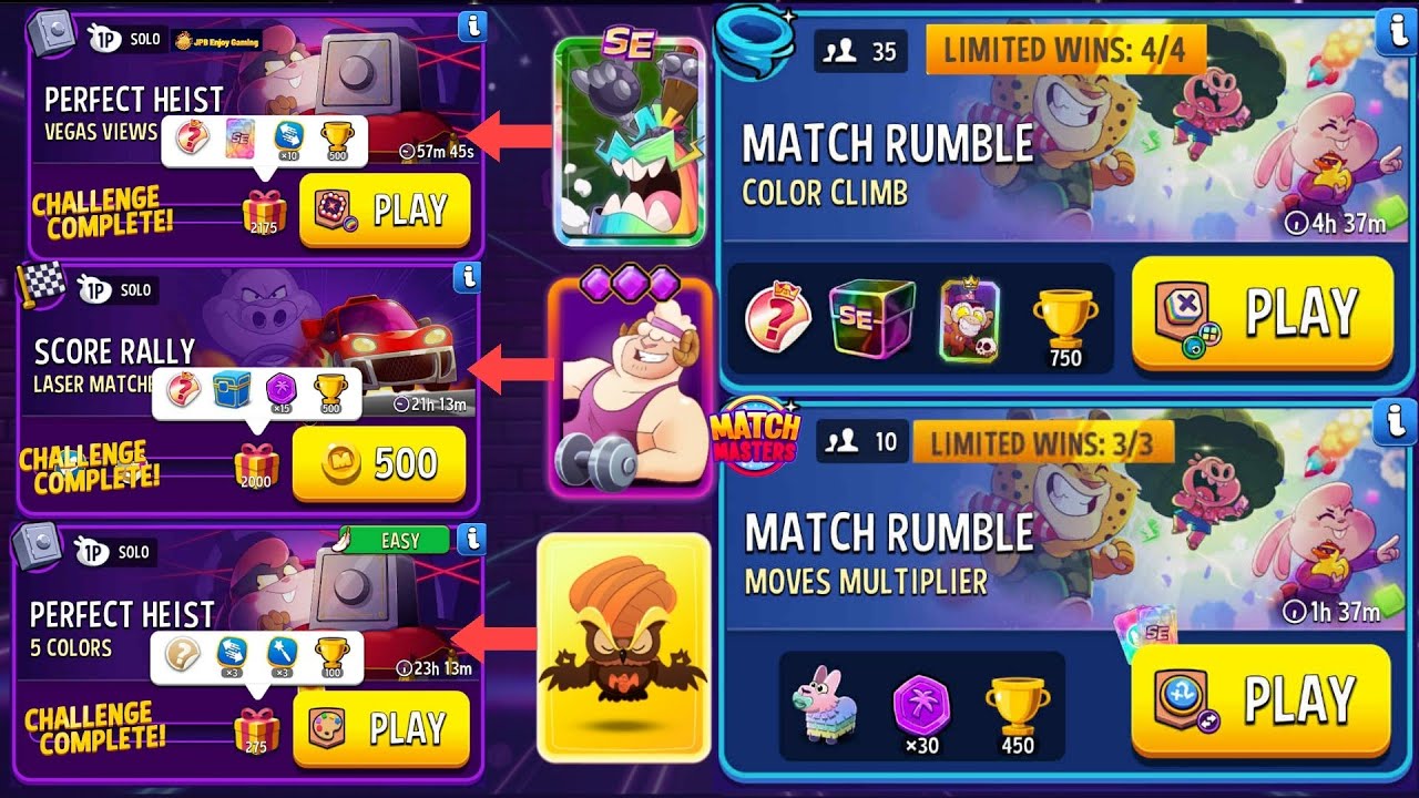 (3 Solo+2 Match Rumble) Vegas Views+Rainbow/ Laser Matches+Rainbow/EASY~5 Colors 