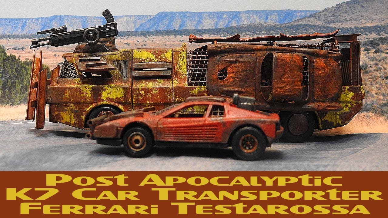 Matchbox Custom K7 Racing Car Transporter and Ferrari Testarossa 'Post Apocalyptic'