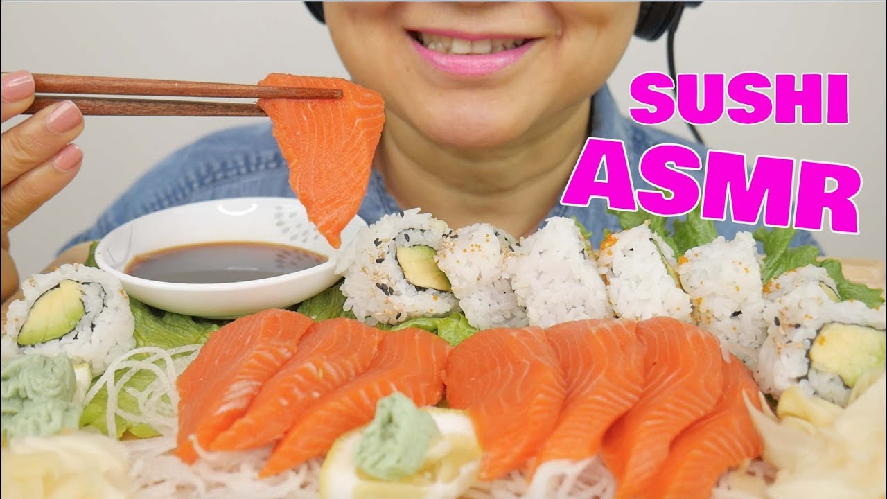 ASMR SUSHI Roll & SALMON SASHIMI Eating Sounds | Light Whispers | Nana Eats