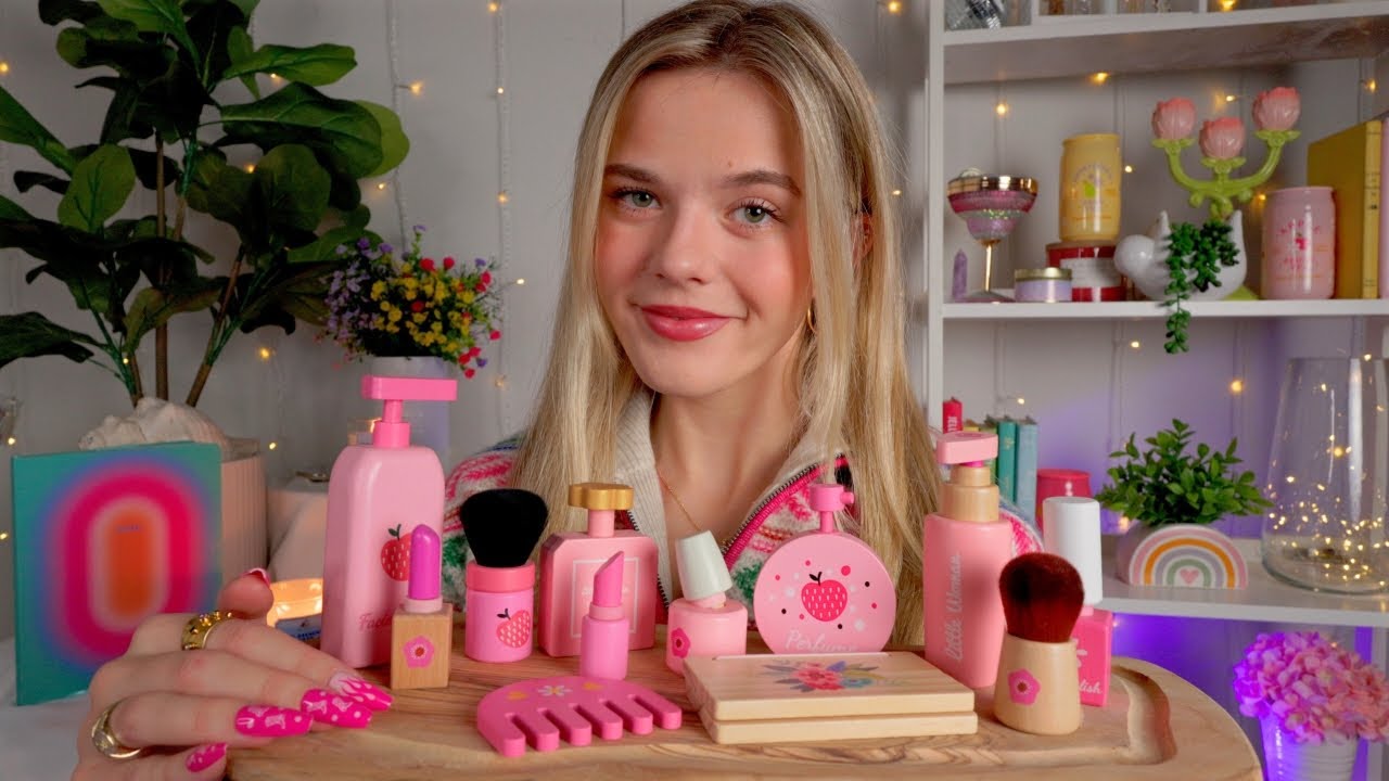 ASMR Doing Your Wooden Makeup & Skincare 🩷🌼 (+ overlay sounds, long nails taps, tingles)