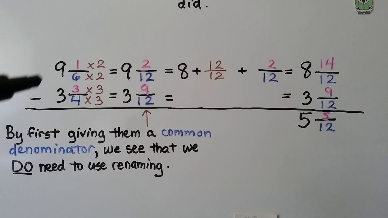 5th Grade Math 6.7, Subtract Mixed Numbers with Renaming