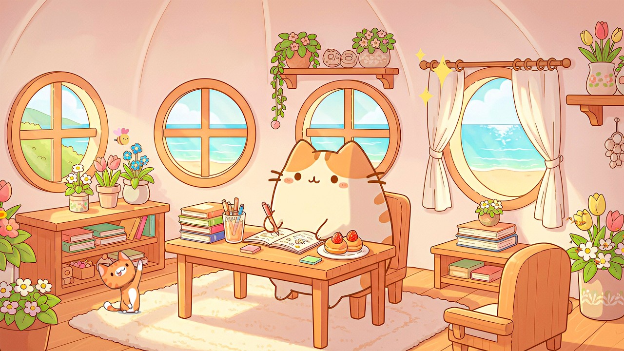 Pusheen's Seaside Study Session ✍️ Summer Lofi Music 🌊 Soft Lofi to Relaxing & Focus