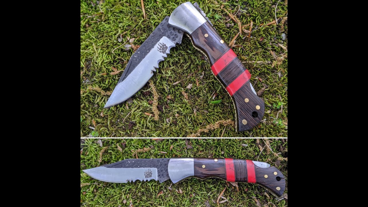 Wenge Wood Red Turquoise Handle Folding Pocket Knife Hammered Stainless Steel