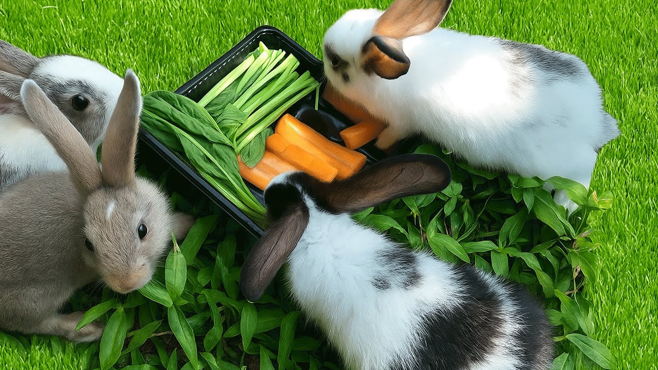 Adorable rabbits playing, Eating veggies in garden Play!