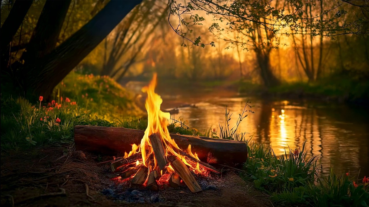 Relaxing Campfire by a Quiet River in the Forest 🌅 Peaceful Nature Sounds for Sleep