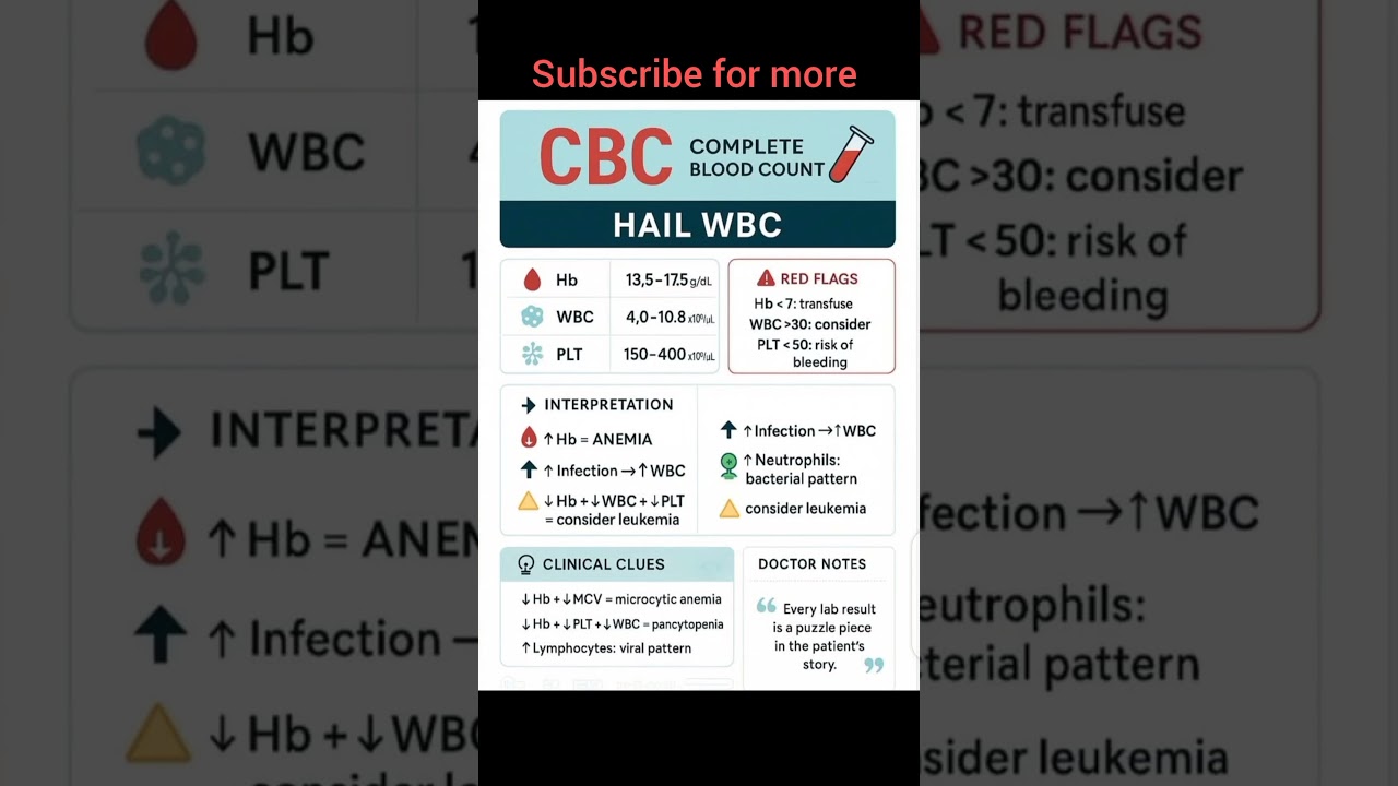 Complete blood count (CBC) with normal and clinically abnormal value 💉 