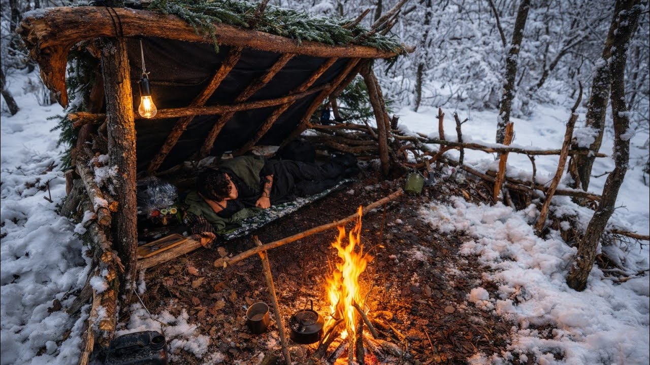 Building a Shelter in a Snowy Forest | Survival in the Cold Winter