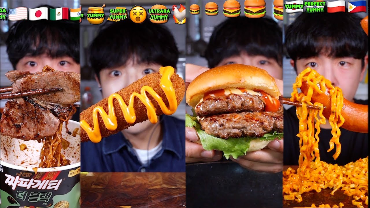ASMR MUKBANG FIRE NOODLES FRIED CHICKEN SAUSAGE CHEESE BURGER (NO BGM)
