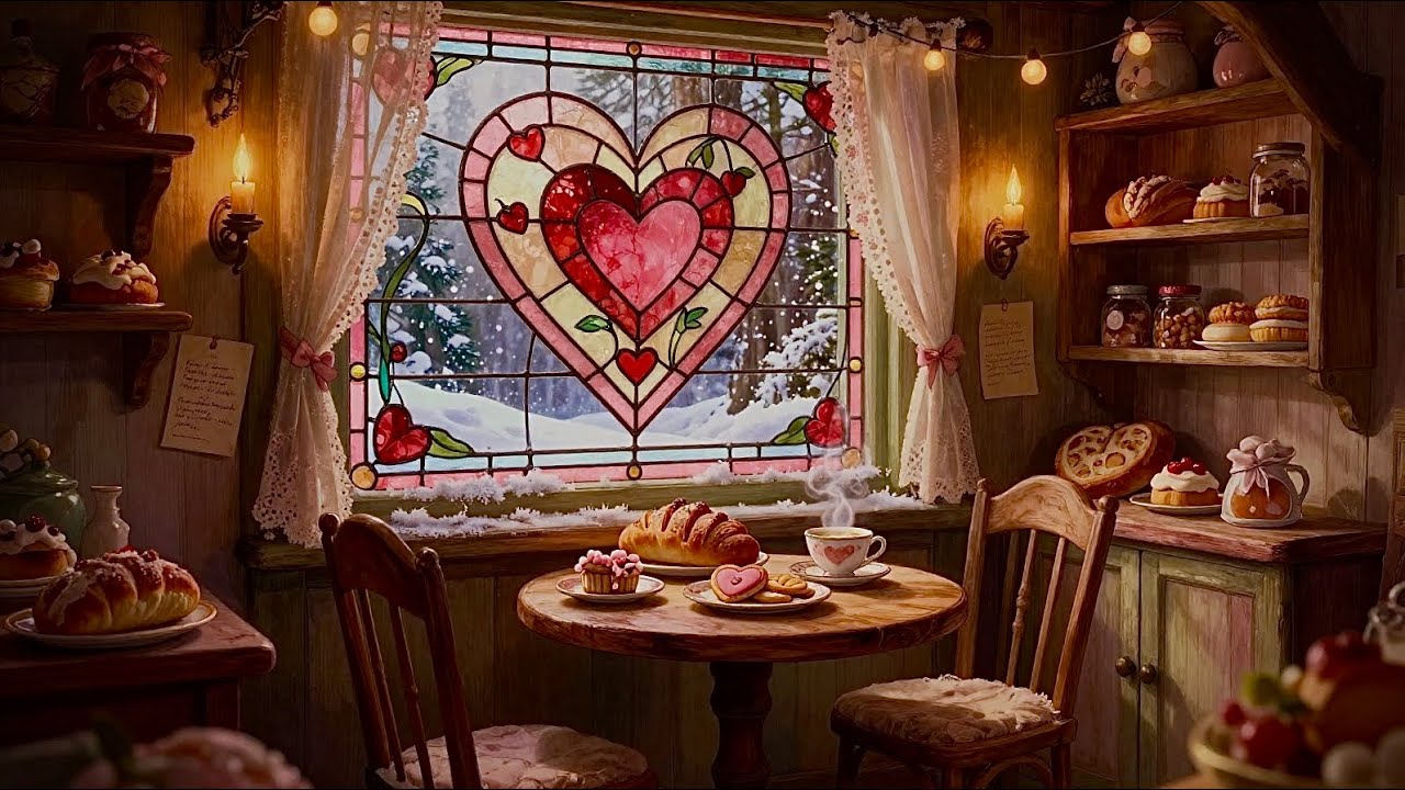 A Valentine Cottage Bakery in the Snow | Cozy Fairytale Café Ambience