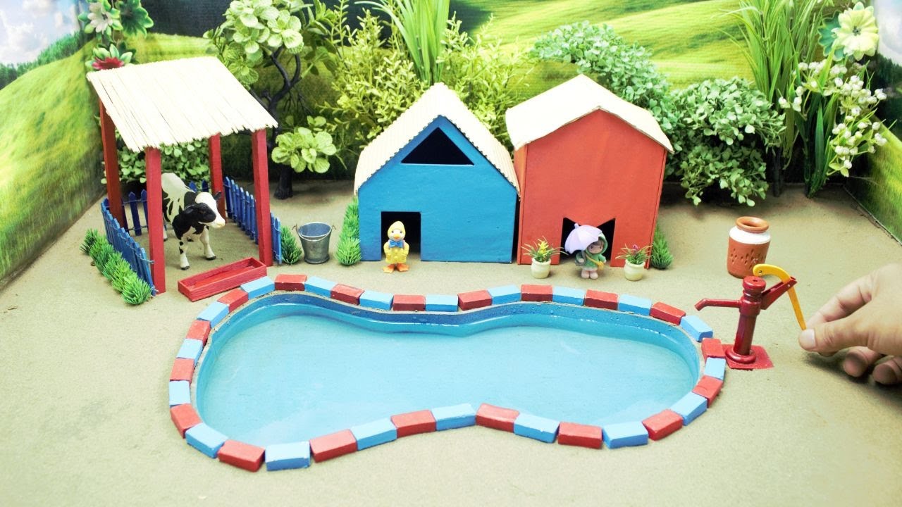 DIY how to make cow shed with mini hand pump water project video 