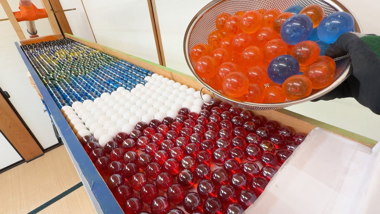 Rainbow marble run course using transparent air pipes and a shishiodoshi (waterfall). #ASMR