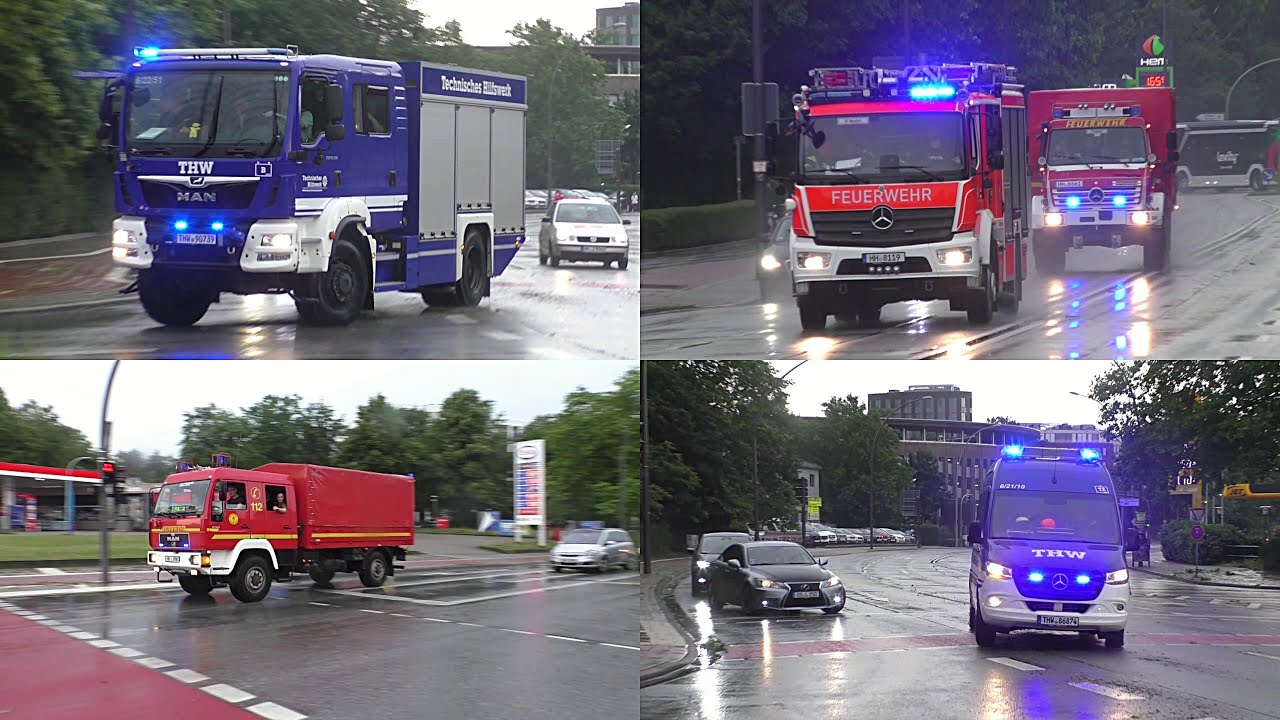 [Unwetter in HH - Teil 1] Alarmfahrten Feuerwehr & THW Hamburg nach extremer Unwetterzelle