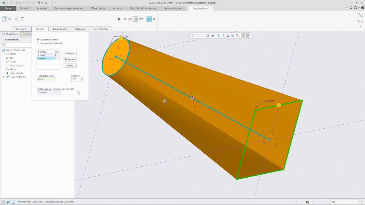 Zug Verbund  Sweep Blend  Creo 4.0 Parametric tutorial Deutsch Swept Blend, Shell, Section View