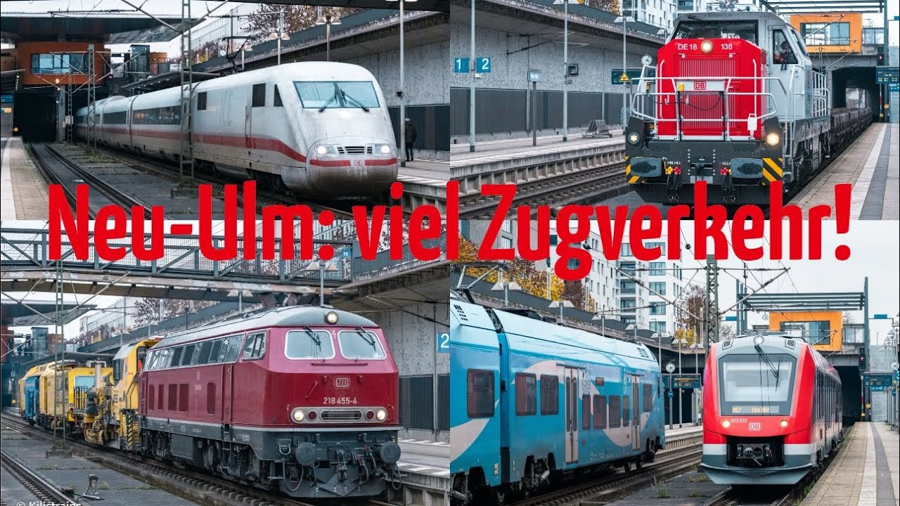 Neu-Ulm: moderner Bahnhof mit viel Zugverkehr, viele ICEs Augsburg-Ulm & Diesel von der Illertalbahn