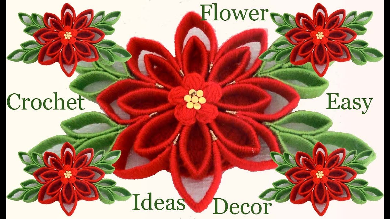 Como hacer flores Nochebuena con hojas a crochet lana y rollos de papel