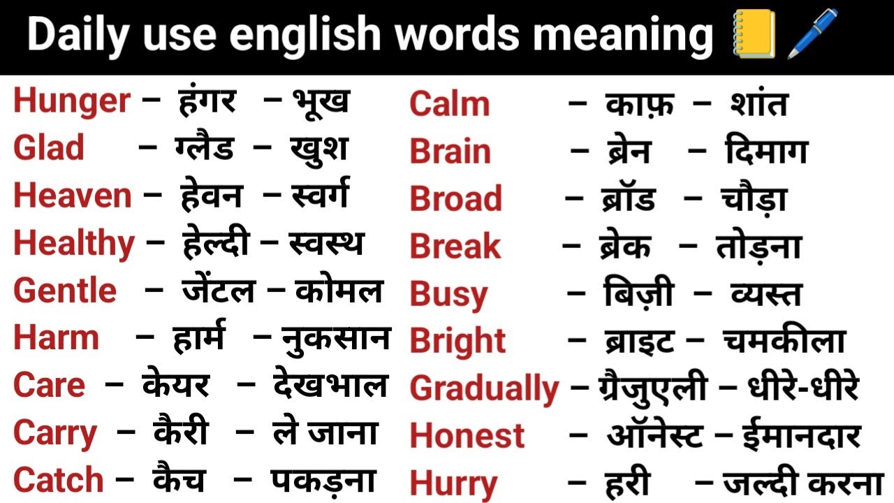 100 Words with Hindi Meanings | Word Meaning | Daily Use English