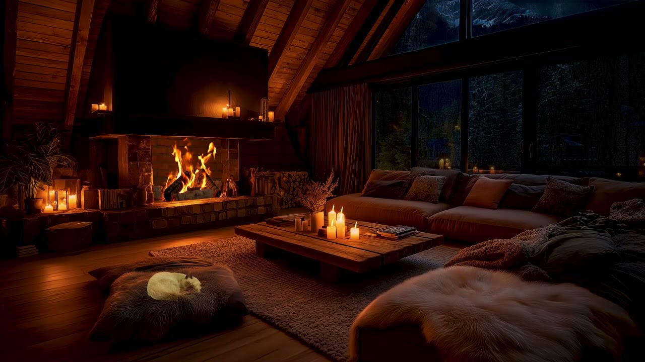 🌧️ Rainy Night in a Cozy Cabin | Crackling Fireplace, Sleeping Cat & Mountain View