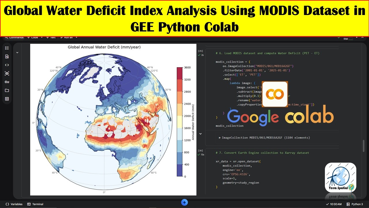 Global Water Deficit Index Analysis Using MODIS Dataset in GEE Python Colab
