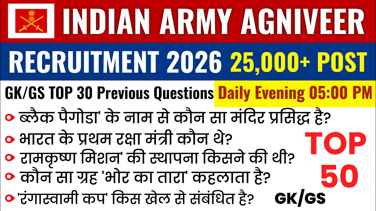 Army Agniveer 2026/Army Agniveer gk/gs previous year questions Mock Test 12 Army Agniveer batch 2026