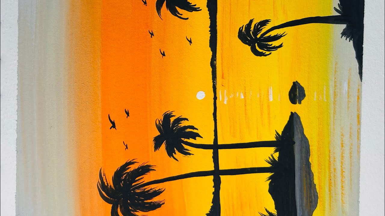 easy way to paint river side sunset view using poster colour//sunset view painting//painting ideas