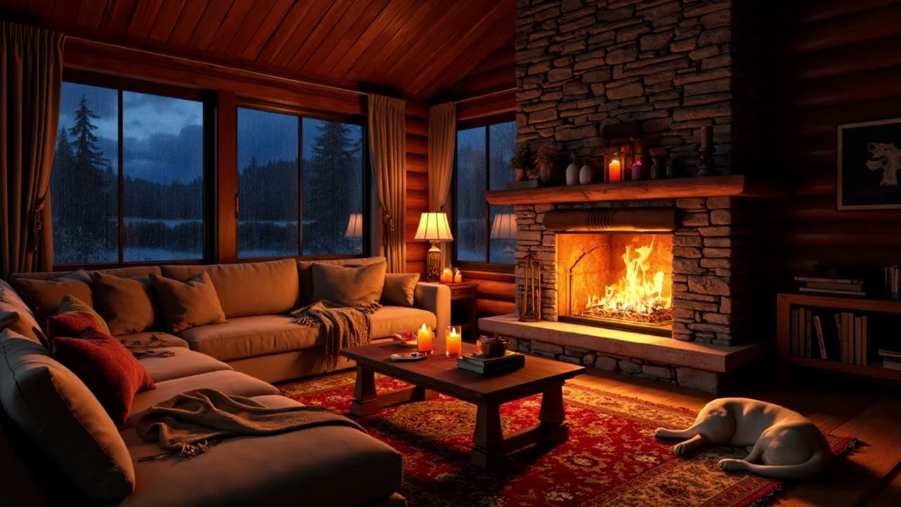 Gentle Rain Outside a Warm Fireplace Cabin | Cozy Living Room Ambience for Sleep & Night Relaxation