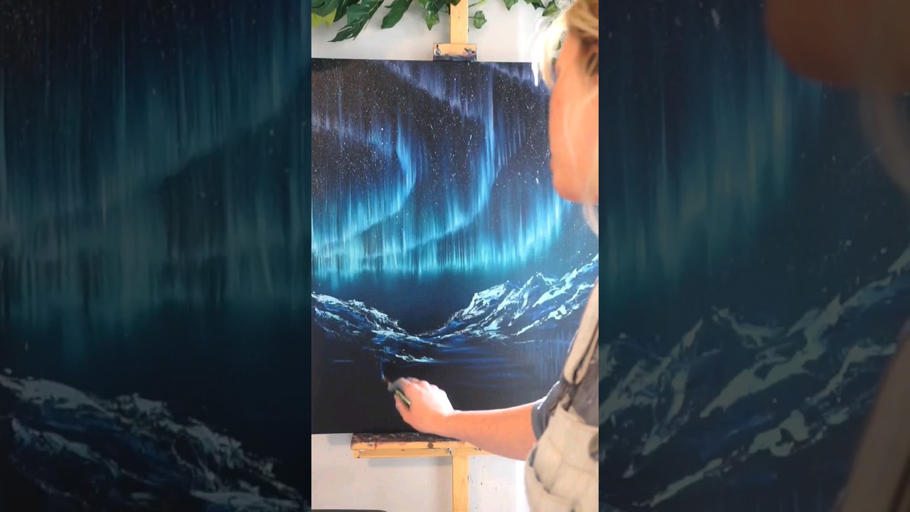 painting the northern lights above mountains 🏔✨️ #oilpainting #northernlights #landscapepainting