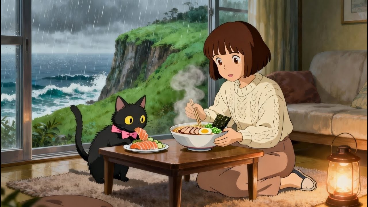 A Cozy Rainy Day Making Ramen at the Cliff House near the Beach | Ghibli Style Scene ASMR