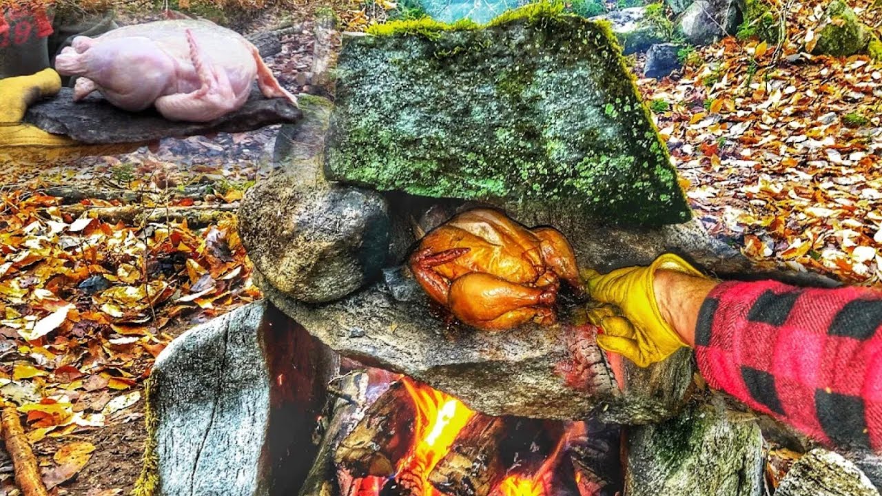 Bushcraft Cooking in Primitive Rock Oven - ASMR