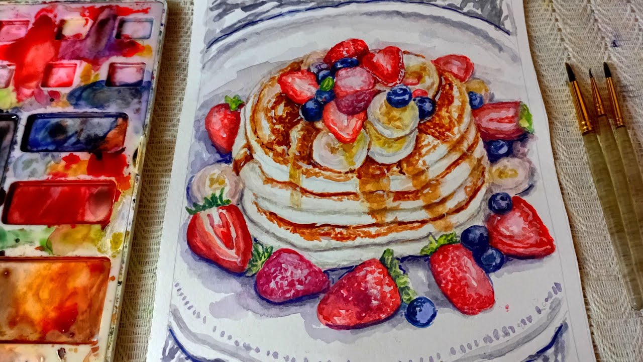 ☆• Paint with me || Painting Realistic Greek Yogurt Pancakes 🥞🍓🫐🥪 Relaxing Watercolor ASMR 