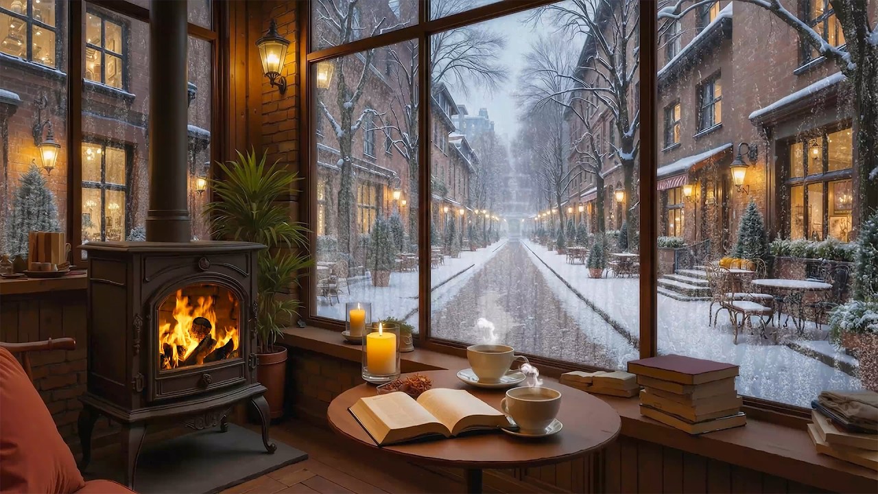 Уютный камин, джаз, 4K ❄️ Расслабляющая зимняя фортепианная музыка в кафе