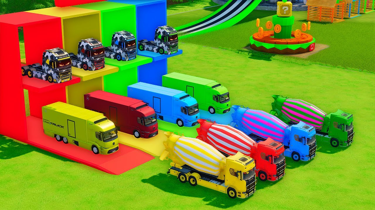 Garage with Colors - ALL MIXER TRUCKS WITH DOUBLE FLATBED TRAILER TRUCK, TESLA, MAN, CATERPILLAR