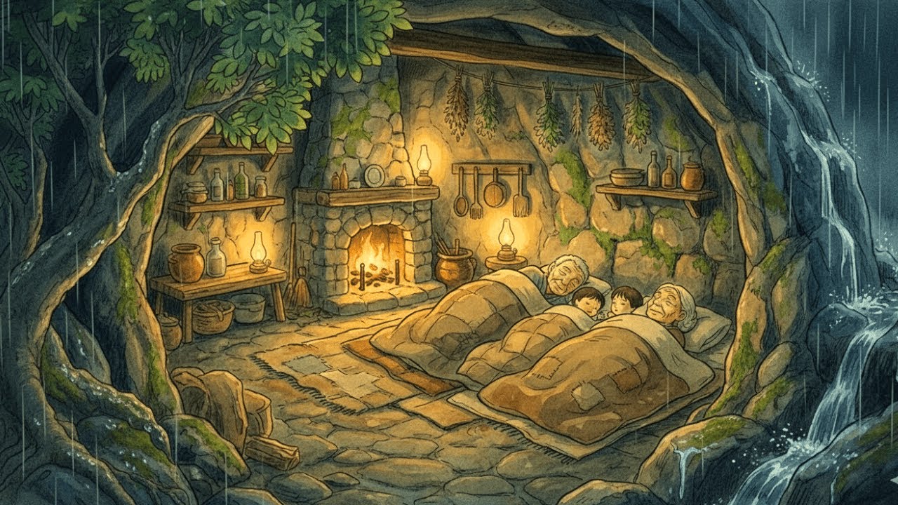 Hiding From The Storm In Grandparents’ Cave | Cozy Rain Sounds | Studio Ghibli Style