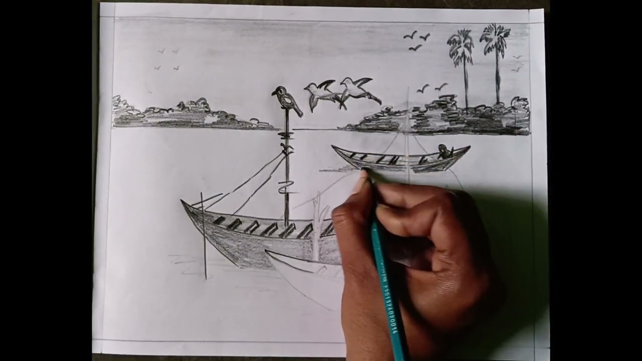 Boat on River | Peaceful Pencil Sketch 