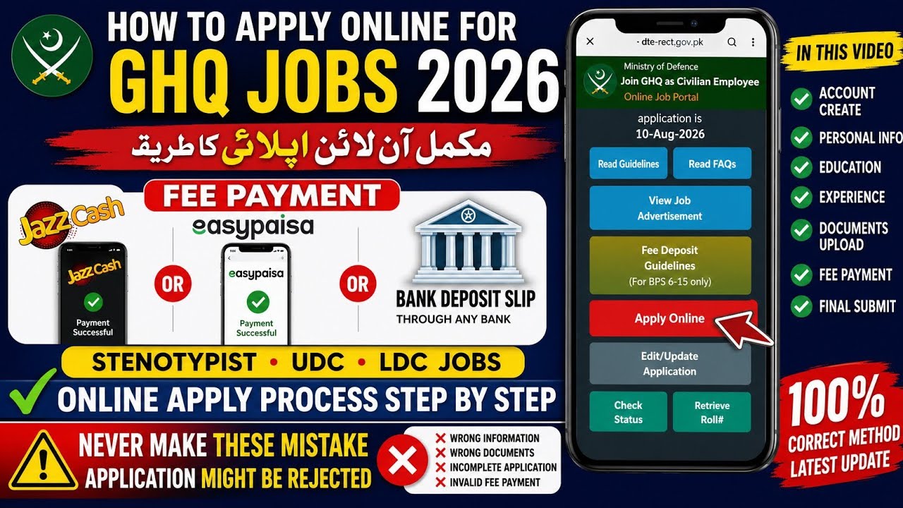 GHQ Jobs 2026 Online Apply Process Fee Payment via JazzCash, Easypaisa BankDeposit Slip Step by Step