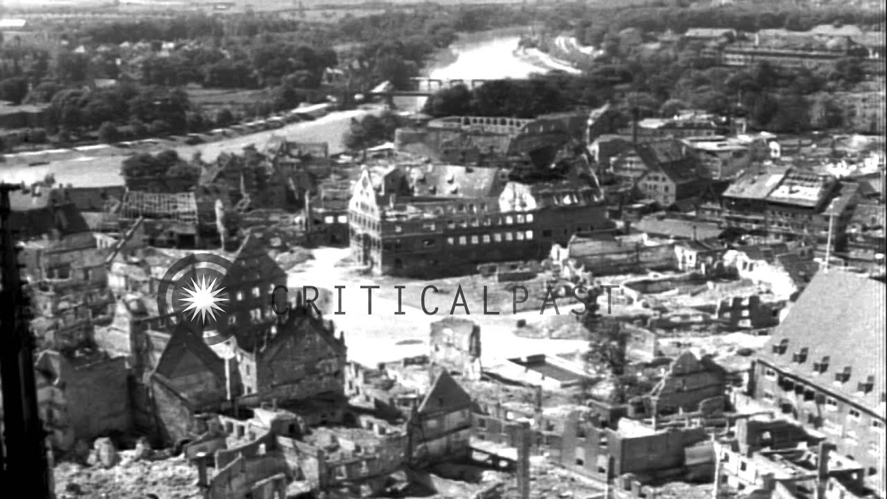 Damaged buildings and heaps of debris on the streets in Ulm, Germany after the bo...HD Stock Footage