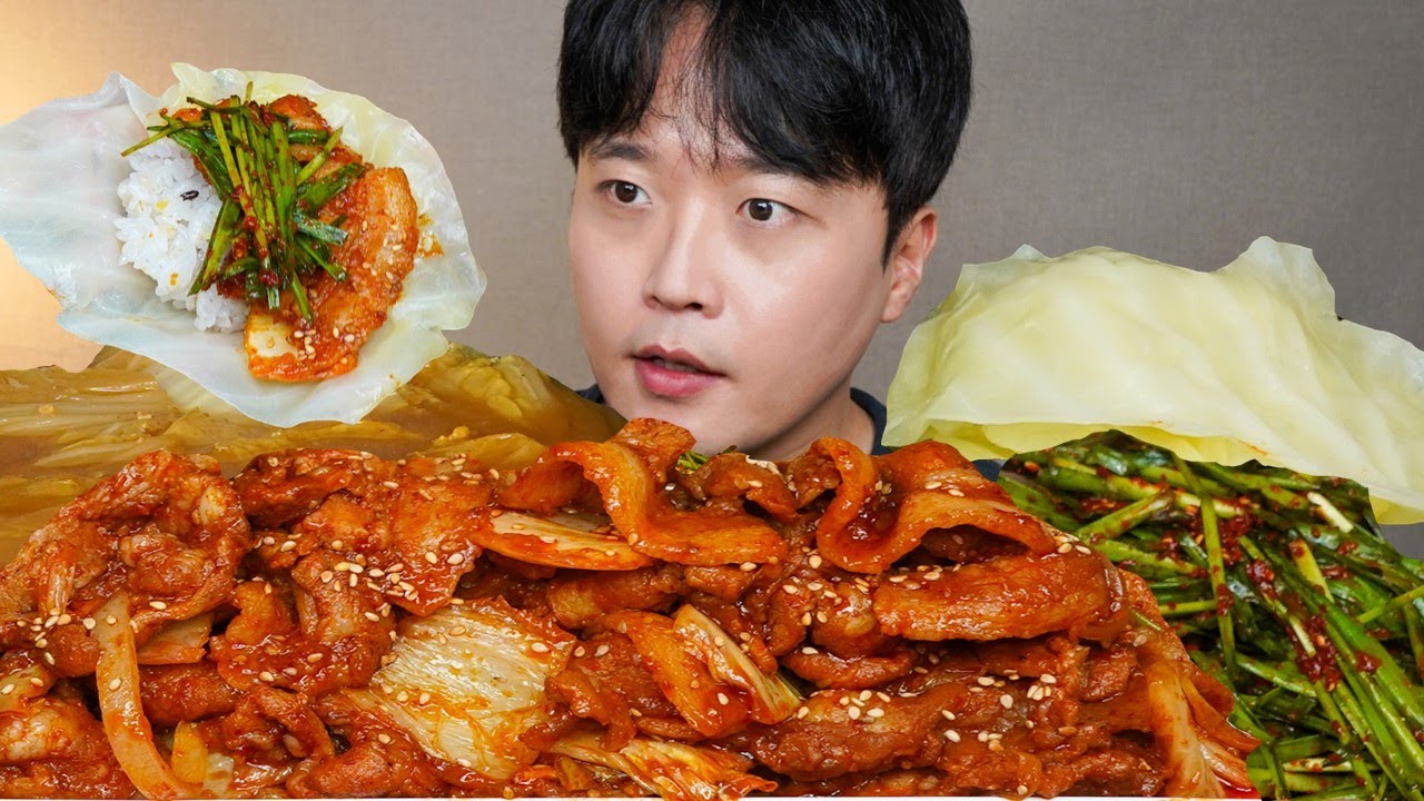 [와차밥] 매콤 달달 배추제육볶음 부추김치 양배추쌈 배추된장국 요리 먹방 Spicy Pork & Kimchi ASMR MUKBANG REAL SOUND EATING SHOW
