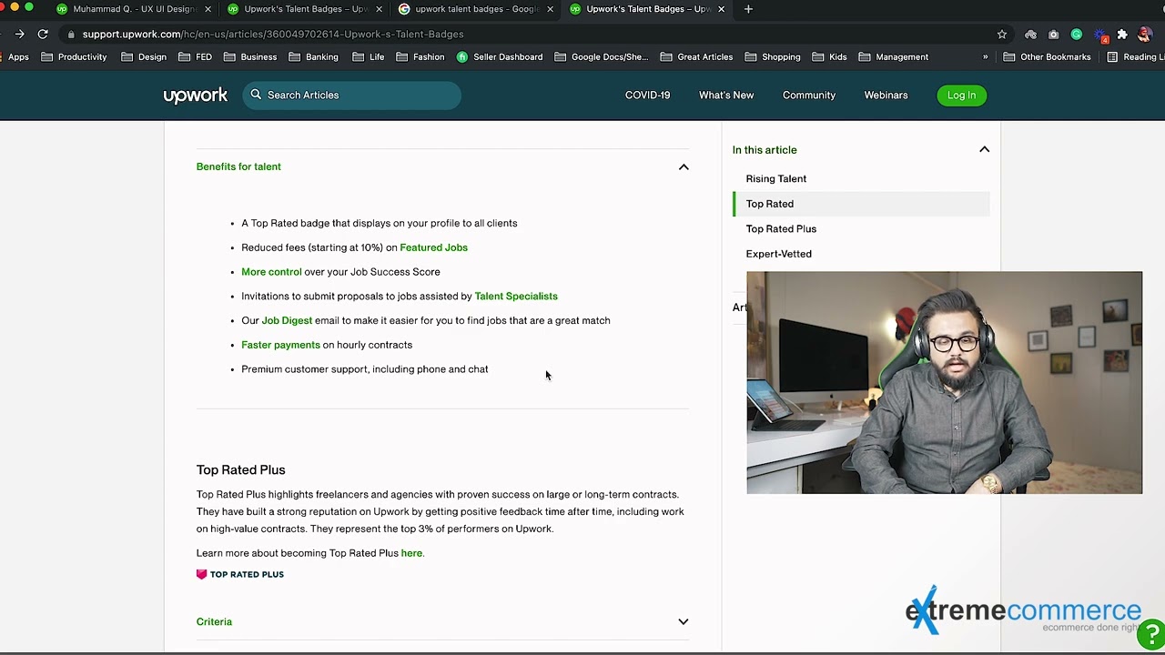 Upwork Badges Rising Talent, Top Rated  Top Rated Plus, Expert Vetted