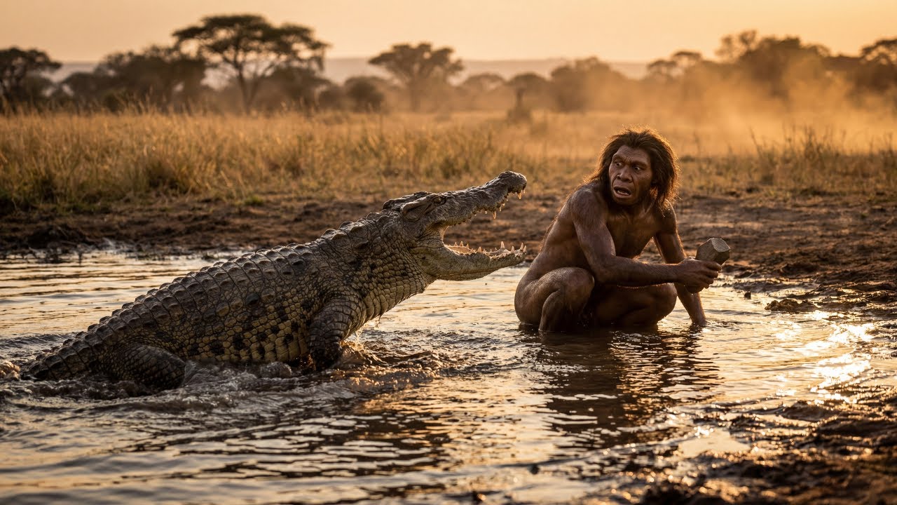 Homo habilis VS Giant Lion & Crocodile Ancestor – Life 3.7 M Years Ago: The Deadliest Encounter.