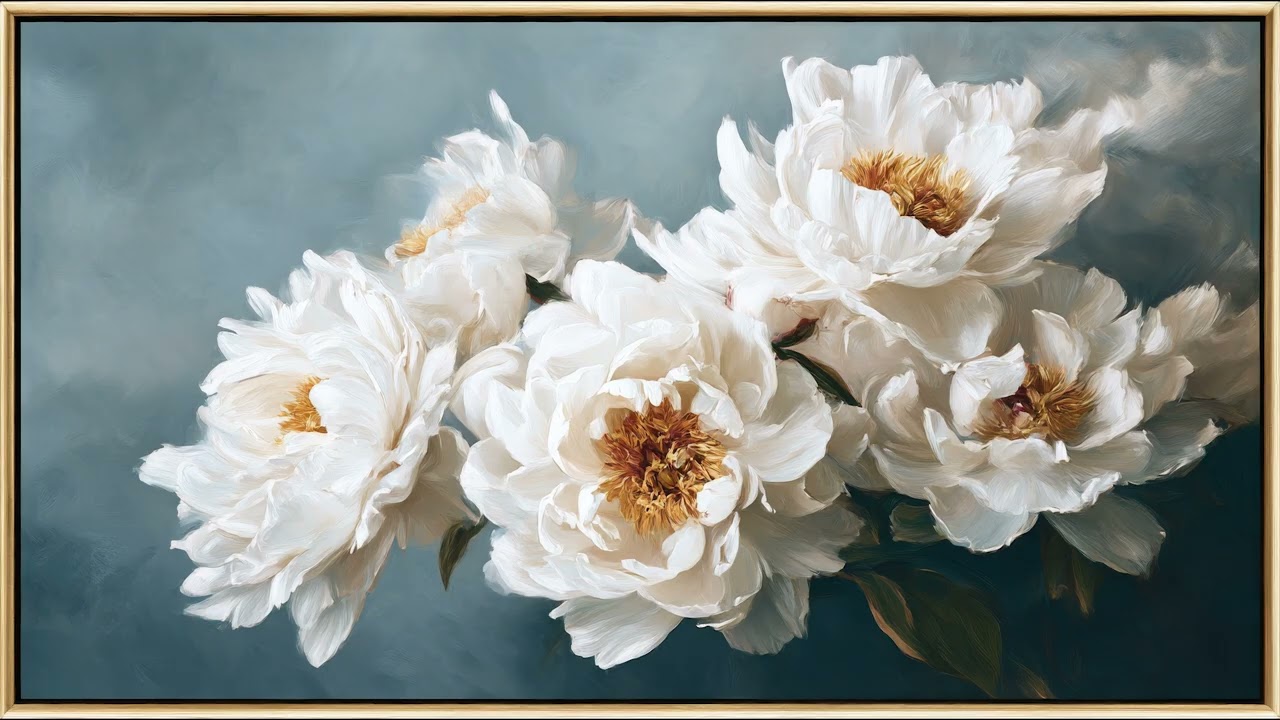 Vintage White Peonies Painting | Elegant Floral TV Art with Gold Frame | Artistic Screensaver |